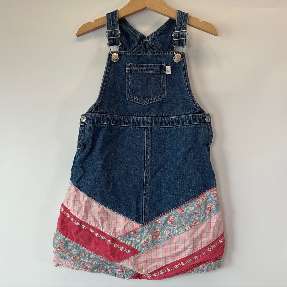 VTG Gymboree Overall Dress Skirtall Denim Mix Fabrics Quilted Floral Girls XL 6